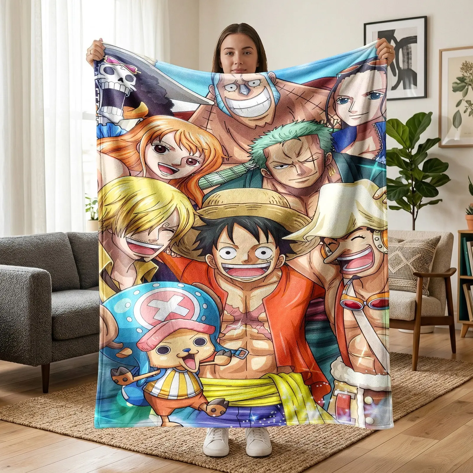 1pc One Piece Straw Hat Crew Fleece Blanket, Full Group Portraits, Energetic Anime Style, Bright Sky Background & Classic Character Print. Soft Warm Multi-use Throw for Sofa, Bed, Office, Camping, Ideal Birthday & Christmas Gift.