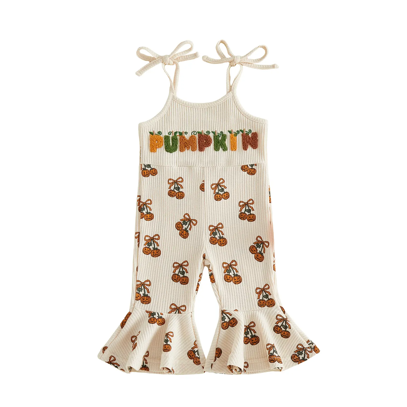 Canrulo Halloween Toddler Girl Bell Bottom Jumpsuit Pumpkin Embroidery Cherry Print Romper Baby Spaghetti Straps Overalls Flare Pant Kid Playsuit