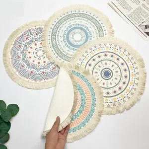 Bohemian Macrame Cotton Round Coaster Placemat 16.0 cm with Tassel, Heat Resistant Table Mat Hot Pad for Kitchen Dining Table, Decorative Coaster for Mug Cup Pot, Home Decor Table Protector