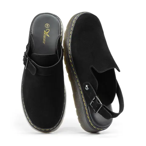 Athlefit Men’s Mules & Clogs Walking Shoes - Chic Basic All-Season Breathable Suede Footwear, Slip-On Round Toe, PU-Latex Cushioned Footbed, Rubber Anti-Slip Flat Heel, Sequins Accents, Adjustable Ankle Buckle Strap for Business, Casual Wear
