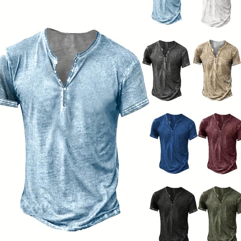 Men's Distressed Henley Shirt - Slim Fit Short Sleeve Button-Up Cotton T-Shirt with V-Neck & Placket Detailing, Machine Washable Casual Shirt in Olive Green, Black, Blue, Burgundy, Sporty Apparel| Athletic Style| Comfortable Tee