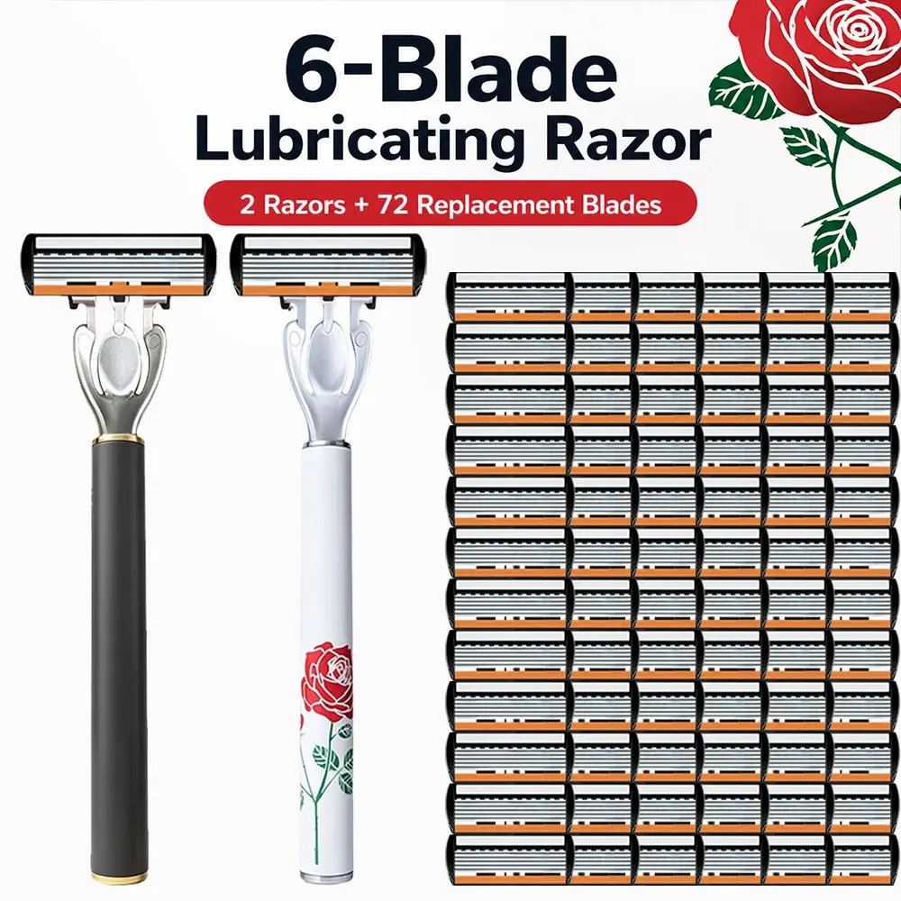 [2 Razor Handles with 72 Replacement Blades] 6-Layer Lubricating Manual Razor Set | Black Gold Matte & White with Red Rose Dual Handles | Smooth Close Shave Without Irritating Skin | Perfect for Daily Home Use, Travel, or as a Thoughtful Gift