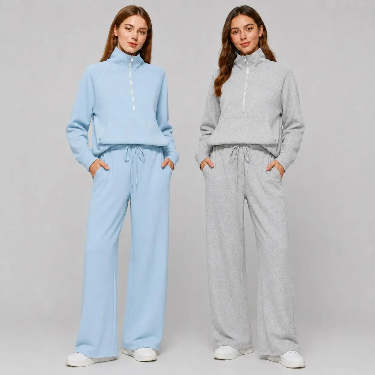 Womens Plus Size Casual Two Piece Set Lightweight Half Zip Sweatshirt Top and Wide Leg Sweatpants Matching Tracksuit Lounge Wear Travel Outfit for Spring and Fall