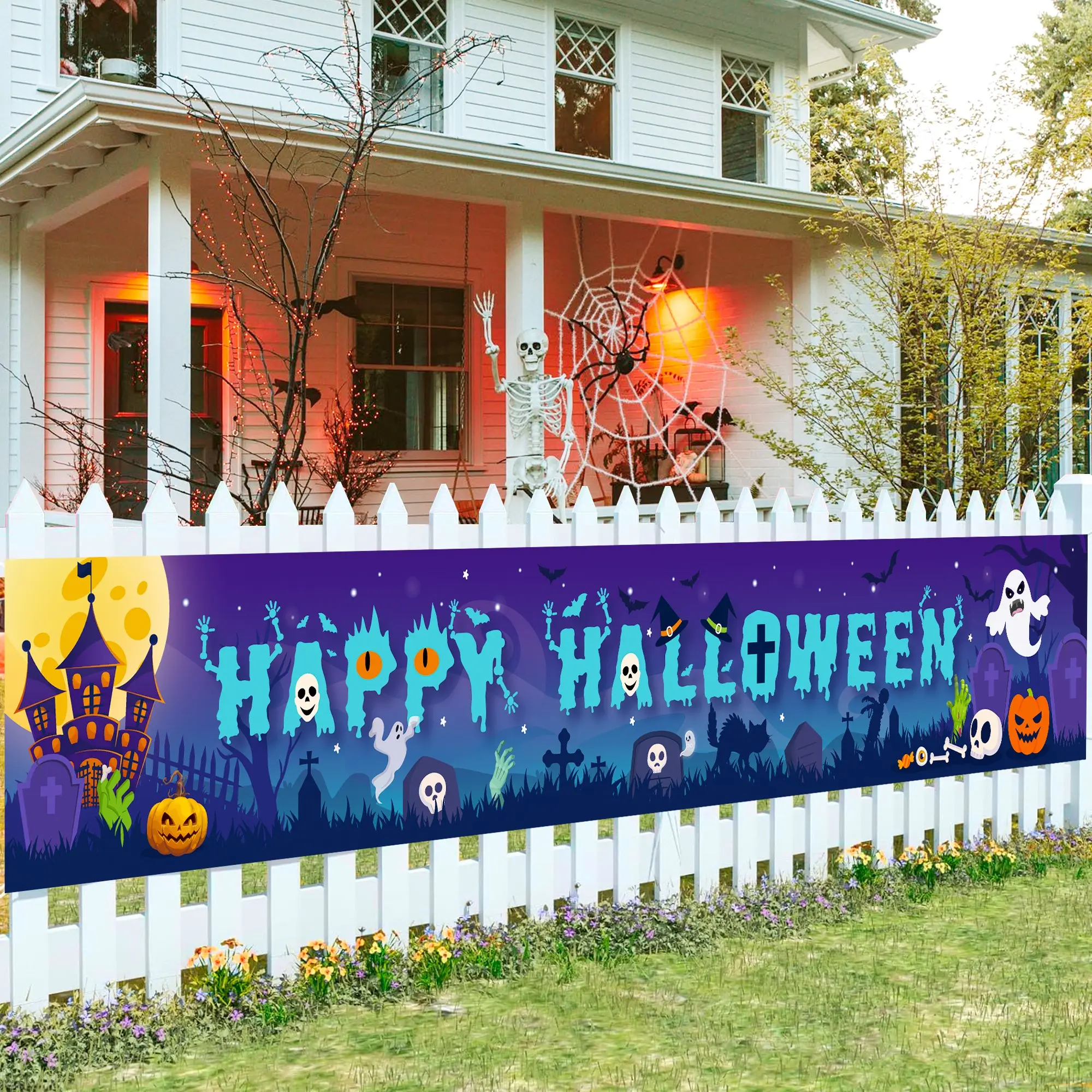 Halloween Outdoor Fence Banner, 118 Inch X 19.6 Inch Halloween Party Yard Banner, Halloween Happy Yard Banner, Indoor/outdoor Decor