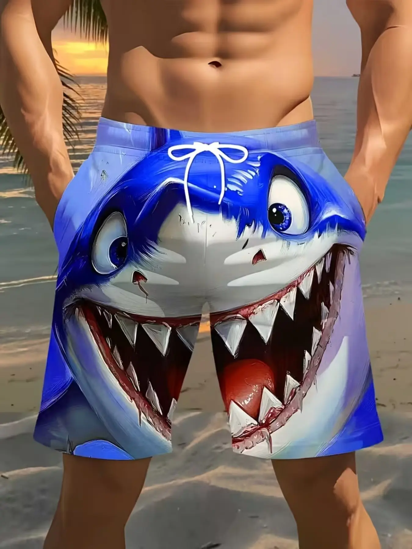 Fun Blue Shark 3D Print Casual Shorts, Summer Trendy Drawstring Surfing Beach Pants, Knee Length Mid Waist Fitted Shorts
