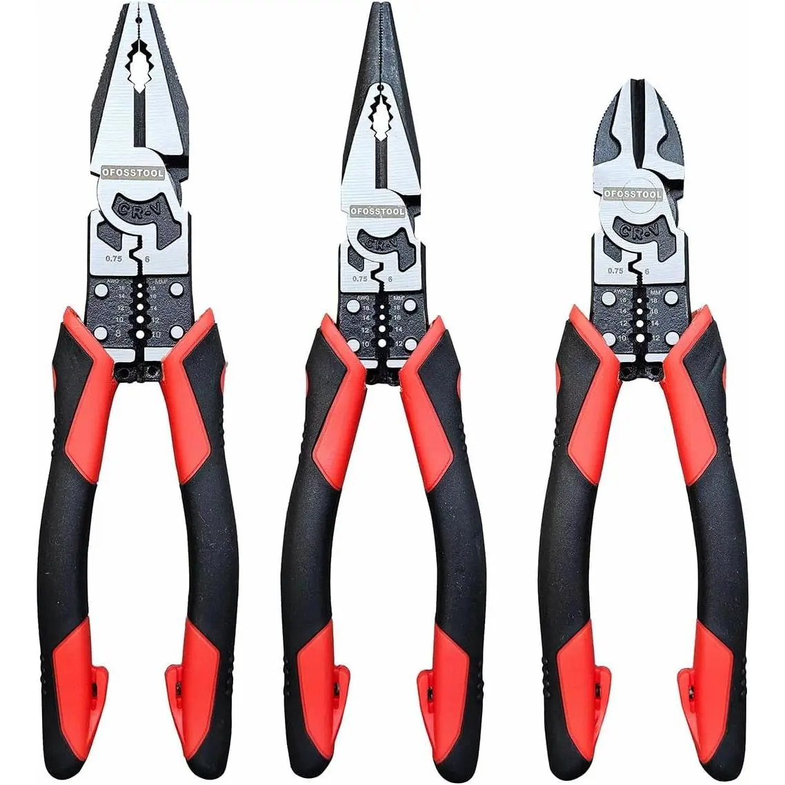 3PCS Steel Alloy 9-in-1 Multifunction Electrician Combination Pliers Set - 8.5in Long Nose, 8.5in Linemen, 8in Diagonal Cutting Wire Stripper, Heat-Treated Tips, Red/Black, 9-In-1 Tools, Three Pieces