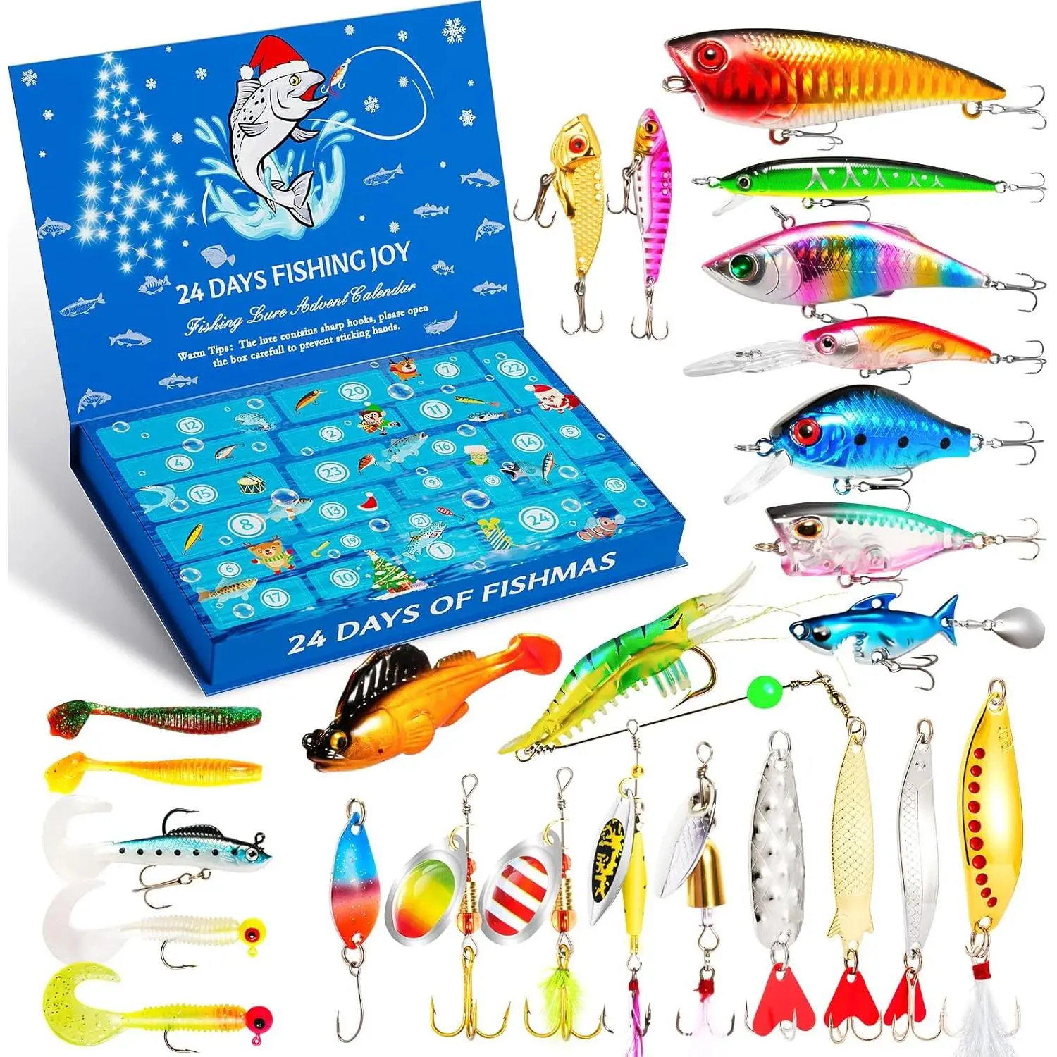 2025 Advent Theme Fishing Calendar, 24-Day Lure Variety Tackle Kit, Christmas Countdown Gift for Adult Men & Teen Fishermen (Home & Festive Party Supplies), 24-Day Kit