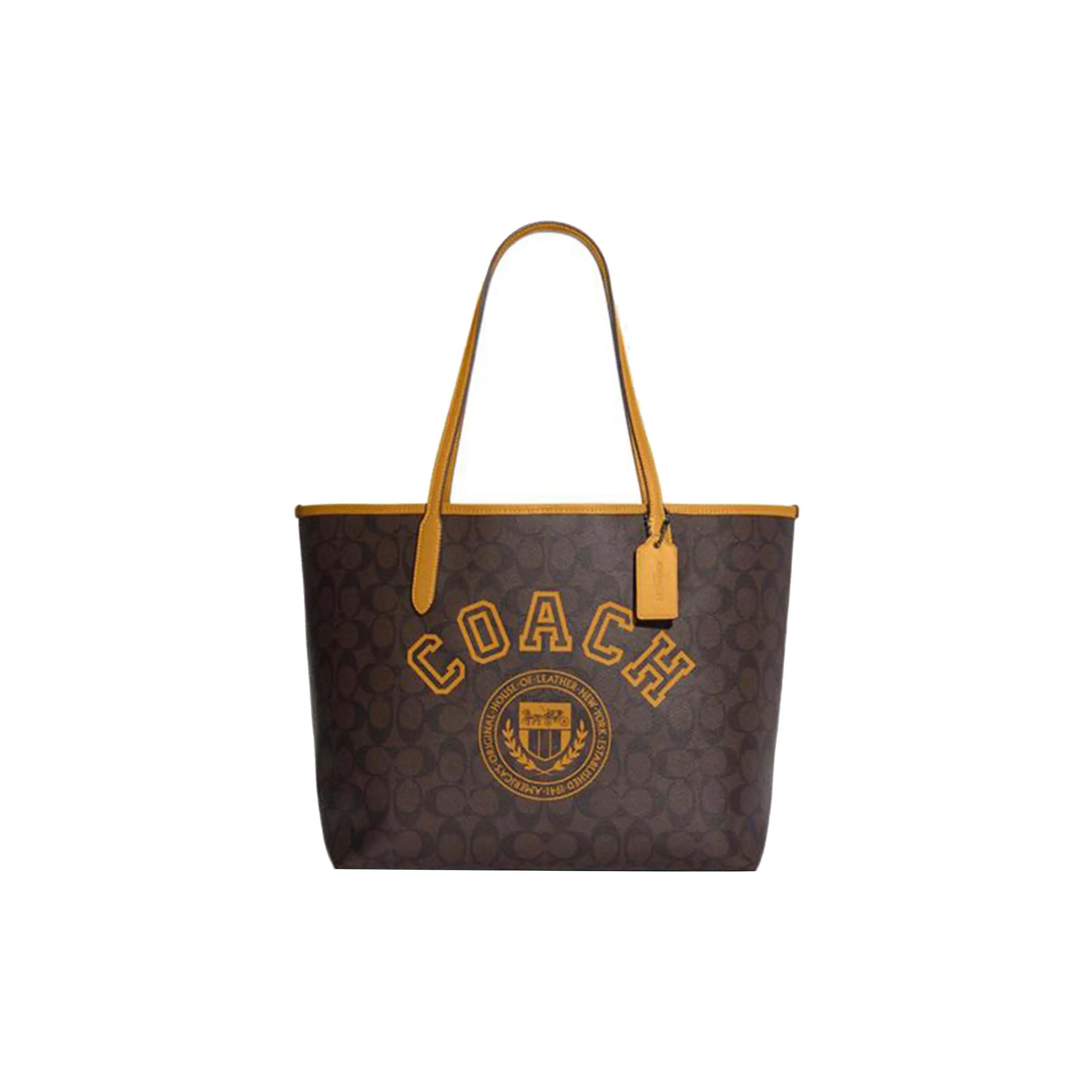 COACH City 33 Classic Monogram Print Leather Tote Bag for Women, Brown and Yellow
