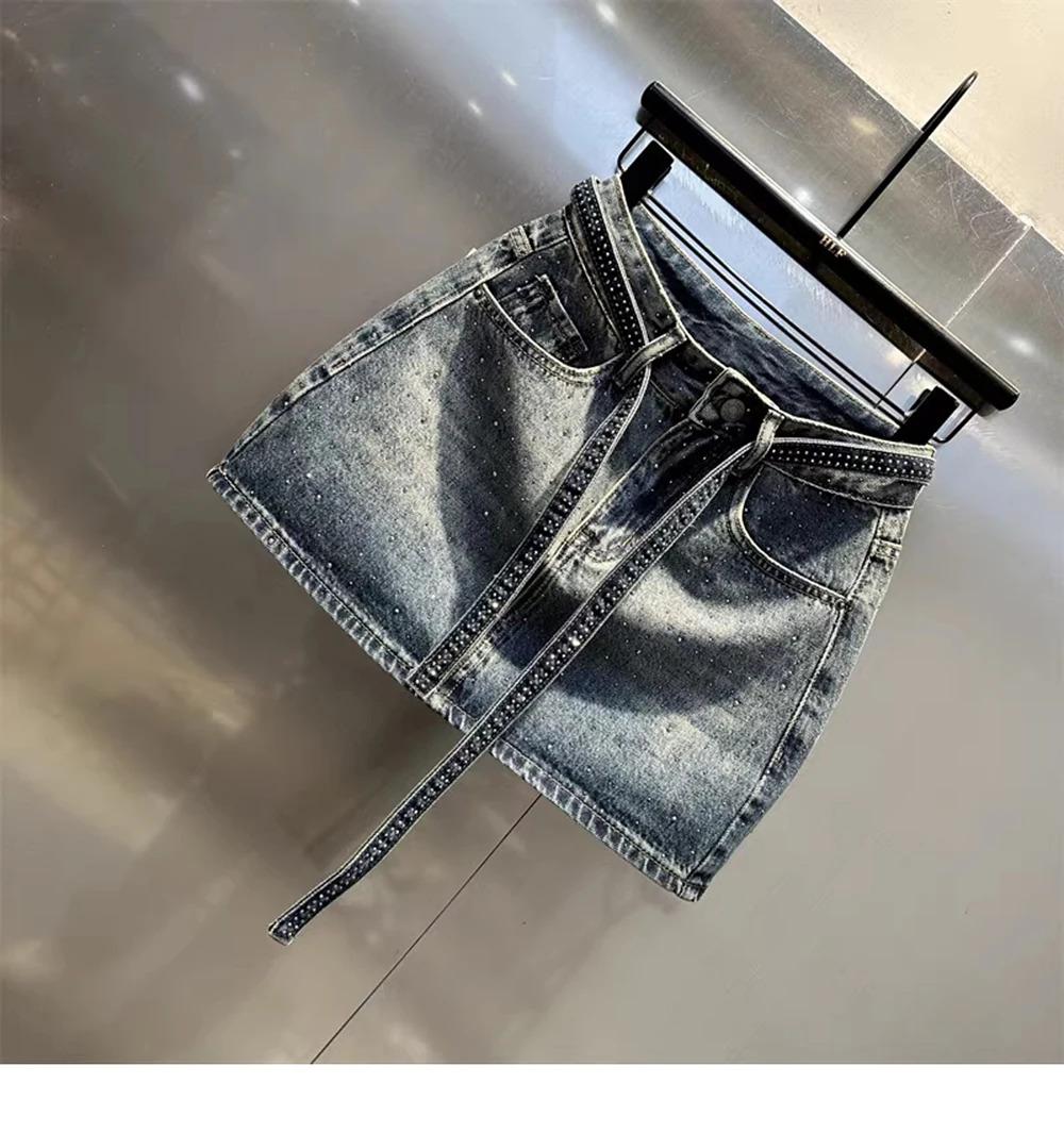 Oversize Retro Diamond Denim Mini Skirt for Women Summer High Waist Shiny Rivet Slim Skirts Gradient Black Grey Jean Skirts, Womenswear Bottom Palda Basic Minimalist