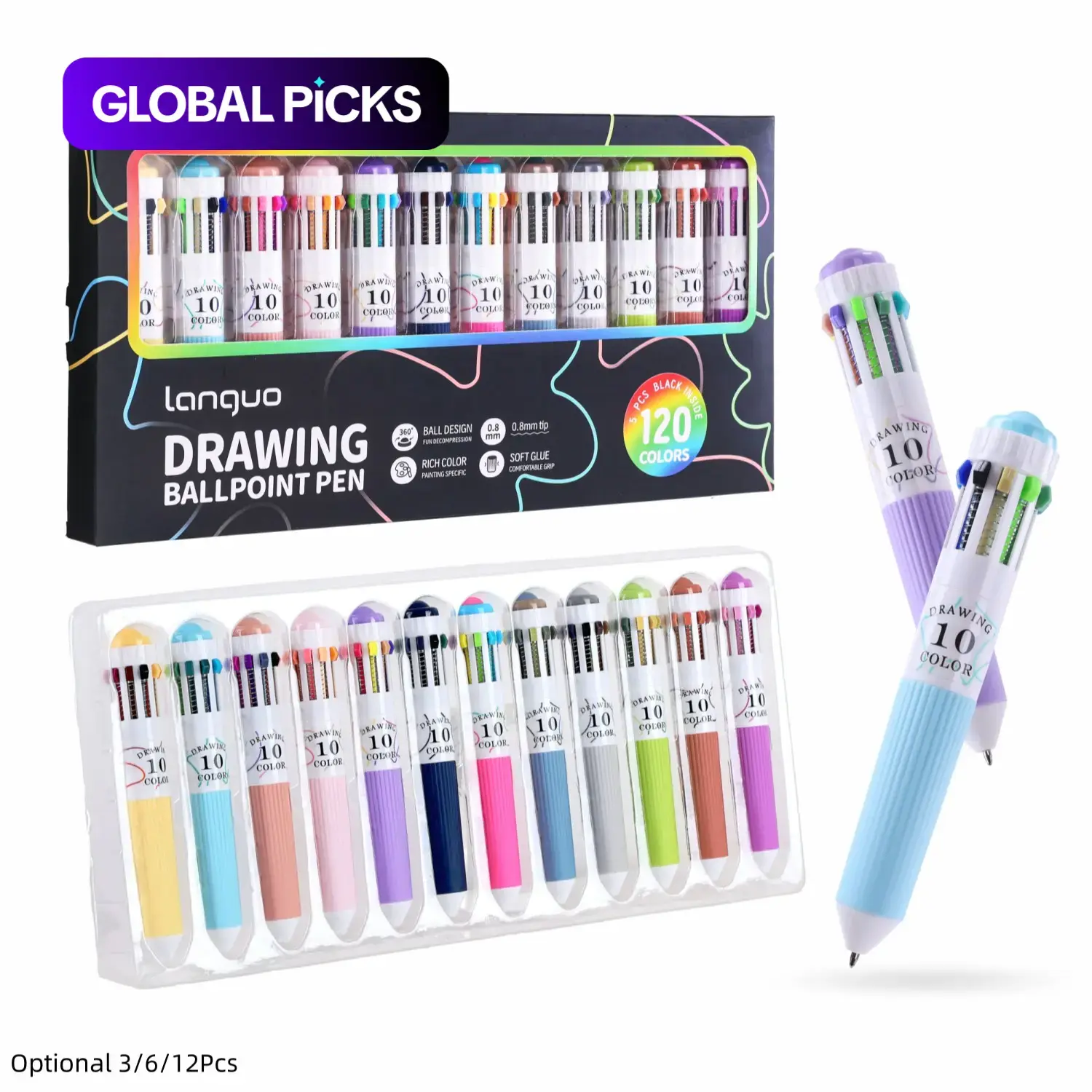 3/6/12 Pack Multicolor Pens, 28/60/120 Colors, 10-in-1 Colored Ballpoint Pen, Drawing Pens, Drawing Pens Set, 0.8mm Fine Point Smooth Writing, Retractable Ballpoint Pens for Office School Students Gifts, Ballpoint Pen Kit #GLOBAL PICKS
