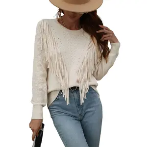 Women's Casual Crewneck Knitted Sweater Fringe Tassel Detail Pullover Jumper - Perfect for Daily Outfits & Coffee Dates