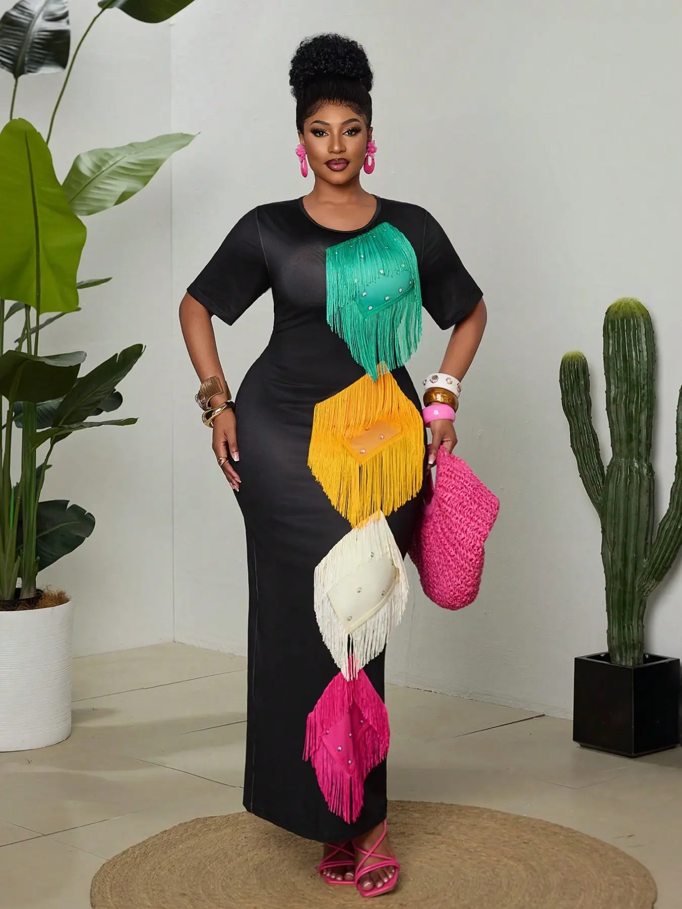 Plus Size Women's Summer 70's Party Tassel Dress, Bright Color Design, Slim Fit, High Elasticity, Long Skirt, Colorful Tassels