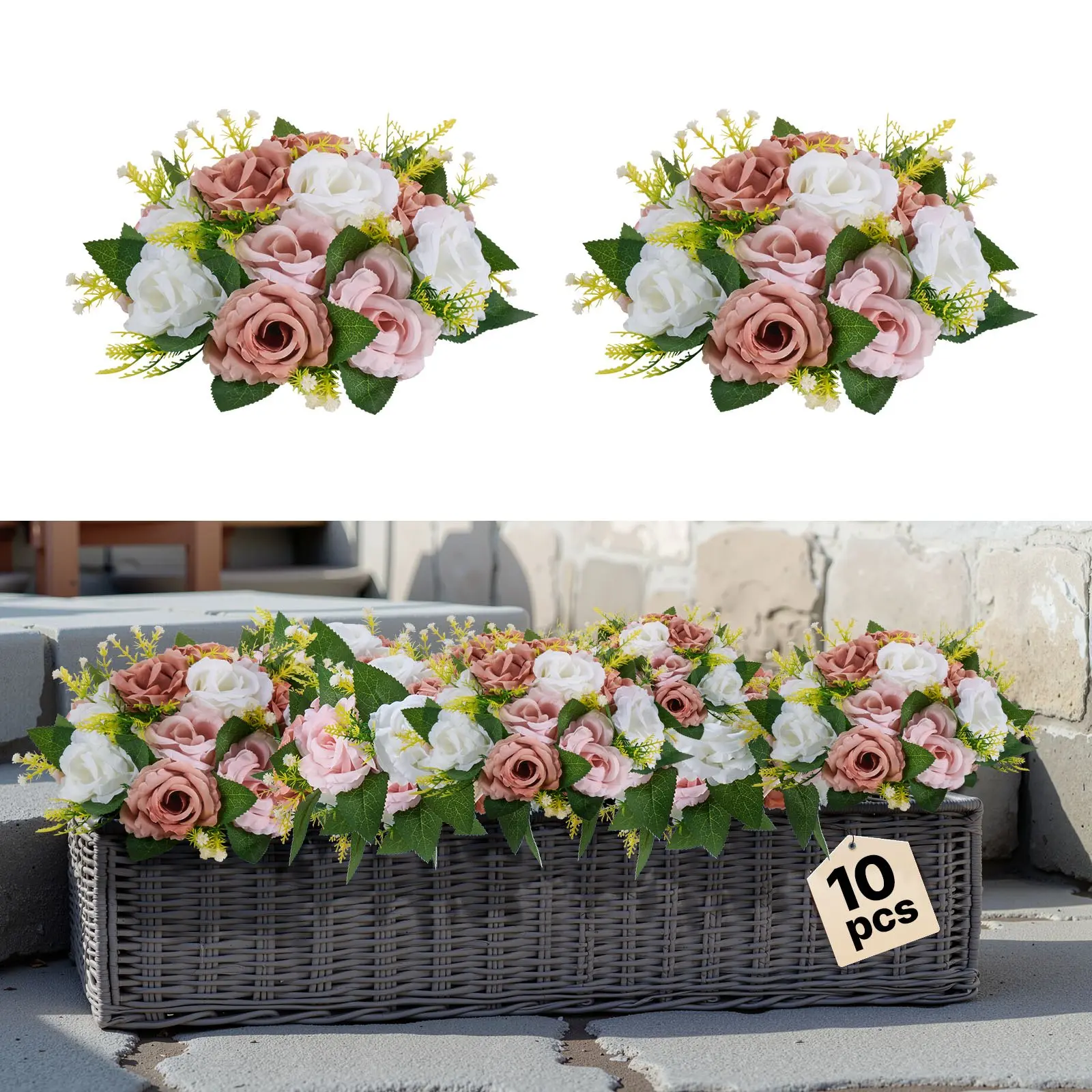 VEVOR 10PCS Layered Silk Floral Decorative Flower Ball Set, 9.5-in Diameter Faux Pink & White Rose Arrangements, 9.4x9.4x4.7in Anniversary Indoor Outdoor Wedding Table Centerpieces Home Decor