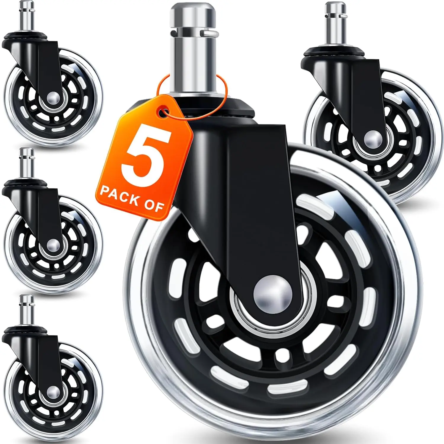 Office Chair Wheels Replacement Rubber Wheels Universal Fit 3 Inch Casters Heavy Duty Noise Free for All Floors 5 Pack