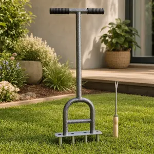 ARCH Lawn Coring Aerator 4 Corer Plug Manual Grass Aerating Tool with Soft Rubber Grip Steel Frame Gray Garden Tool for Loosening Soil Improving Lawn Health Includes 12-Inch Weeder Tool