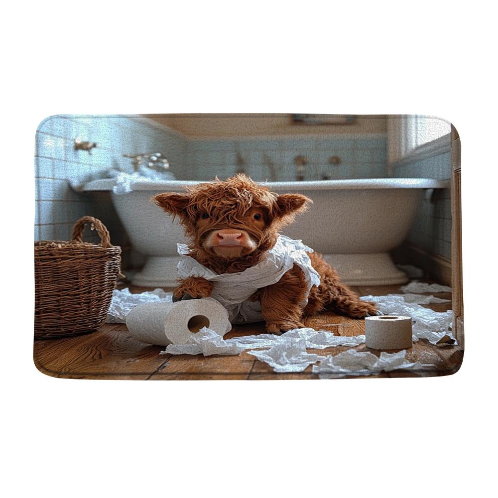 1pc Adorable Highland Cow Bath Mat Cute Calf with Toilet Paper in Cozy Bathroom Setting Plush Flannel Bath Rug for Home Decor Perfect for Various Rooms Home Decor Accent, Room Decor Accessory, Animal Themed Mat, Highland Cow Decor
