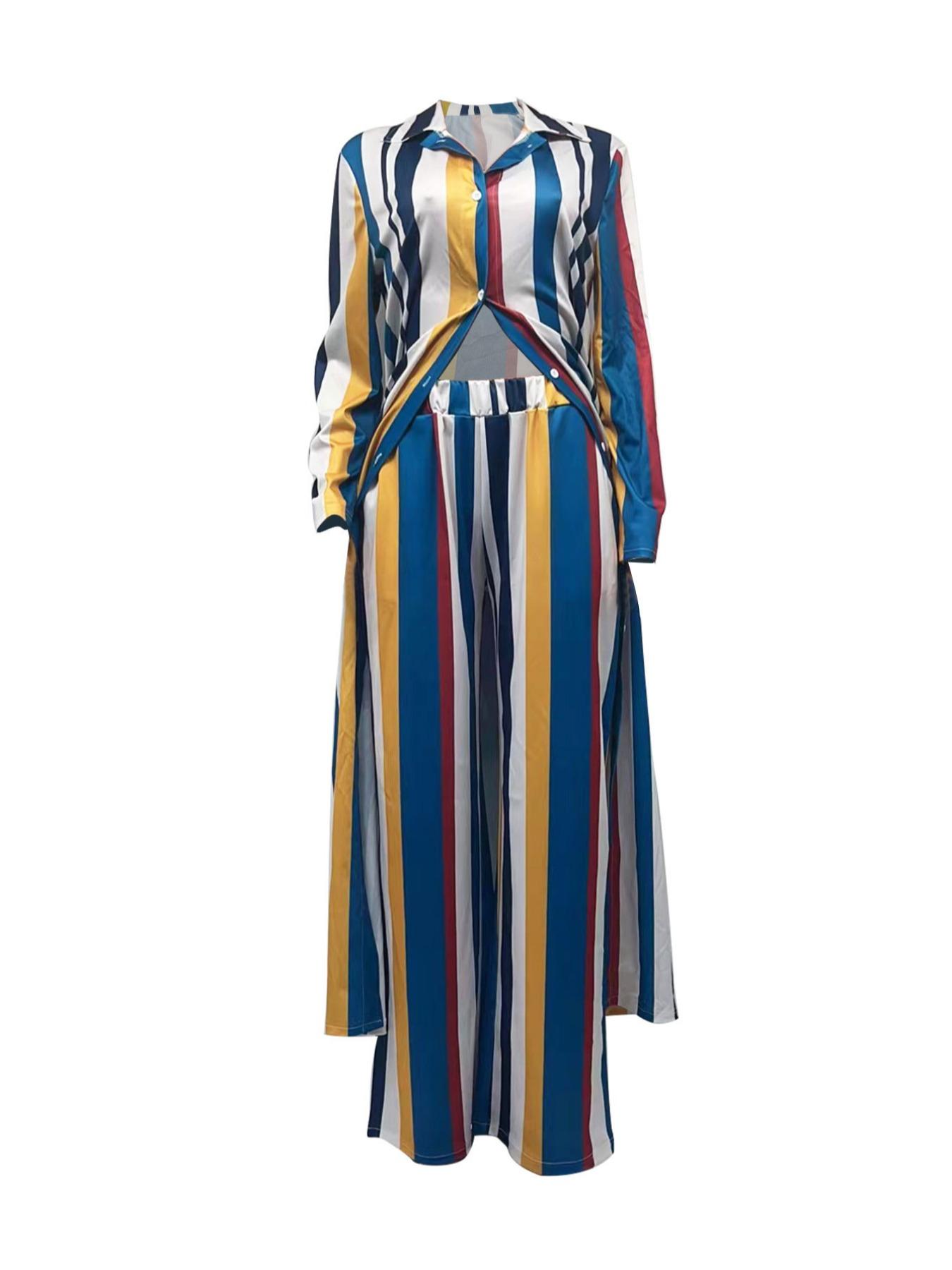 Plus Size Women's Striped Two-Piece Set, Long Sleeve Shirt & Wide Leg High Waist Pants, Casual Flowy, Perfect for Vacation & Daily Wear