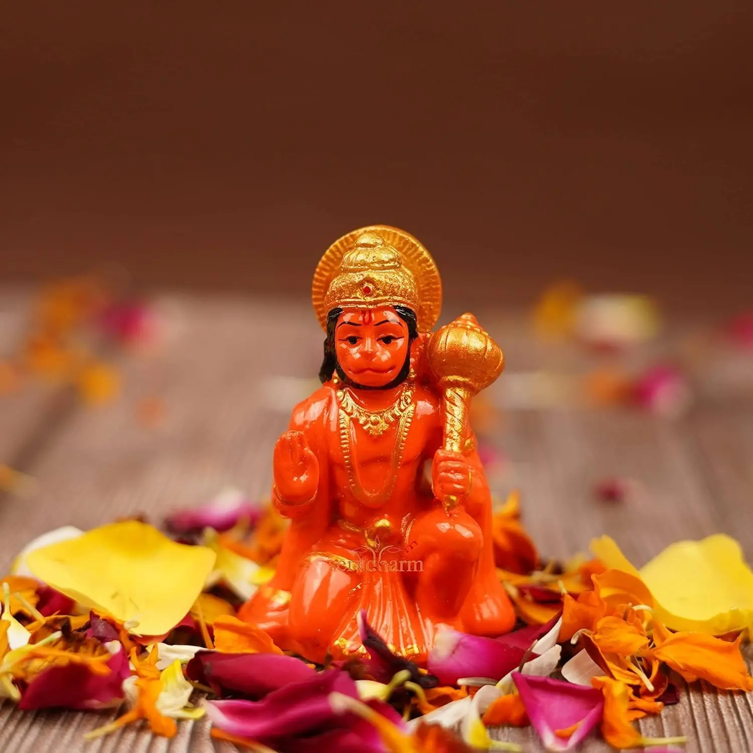 Hanuman Ji Idol in Blessing Posture with Gada – Sitting Lord Balaji Bajrangbali Sankat Mochan Bhagwan Idol for Temple,  Dashboard,  Decor, Statue  – 8L x 6W x 6H cm, Orange