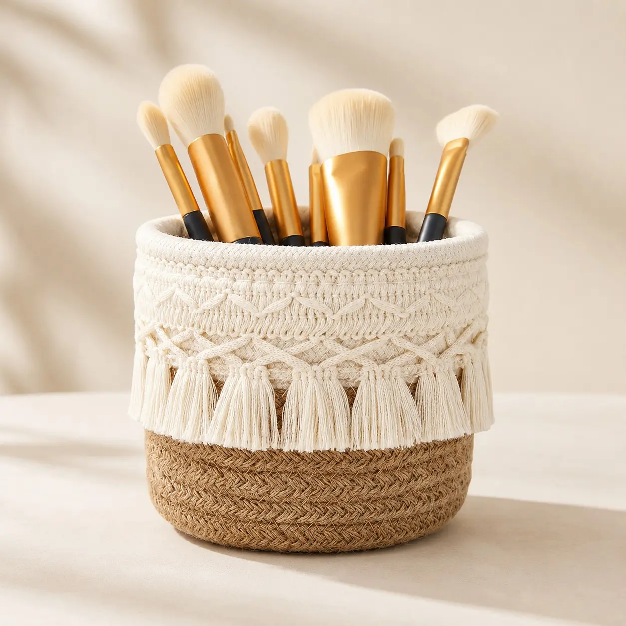 Boho Style Cotton Rope Woven Cosmetic Storage Basket, Handwoven Storage Basket, Indoor Household Sundries Organizer, Holds Cosmetics, Eyeglasses, Makeup Brushes, Pens and Other Home Decor Accessories