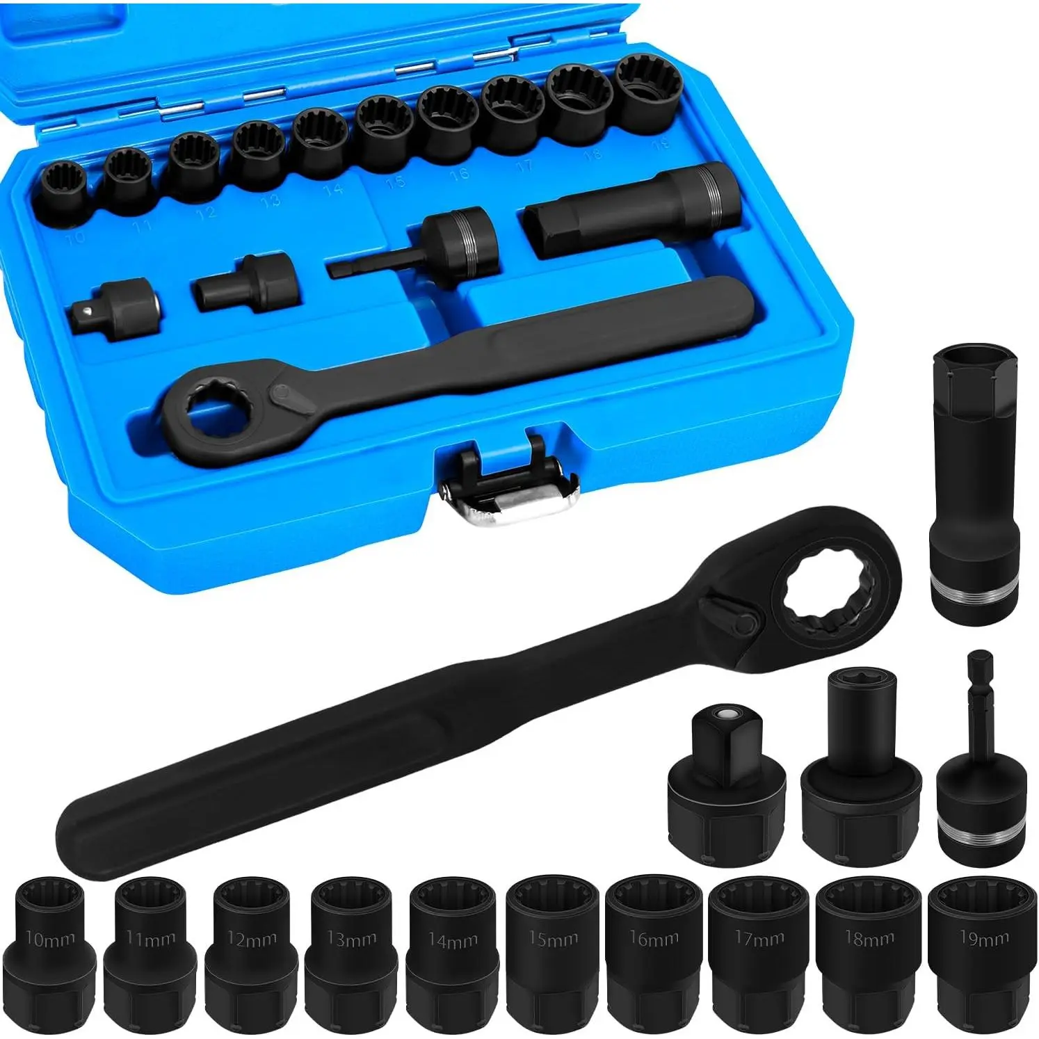 15 count Metric Pass Through Socket Set, 3/8"Drive Go-Thru Ratchet Kit | Metric, Deep Socket Wrench Adapter, Reversing Ratchet, Extension Bar, Cr-V Steel, Low Profile, Long , Tight Spaces