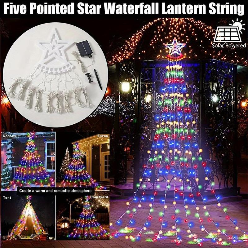 1 Solar Christmas Decorative Star Waterfall Tree Light with 8 Modes, Perfect for Outdoor Garden, Yard, and Patio Holiday Decor