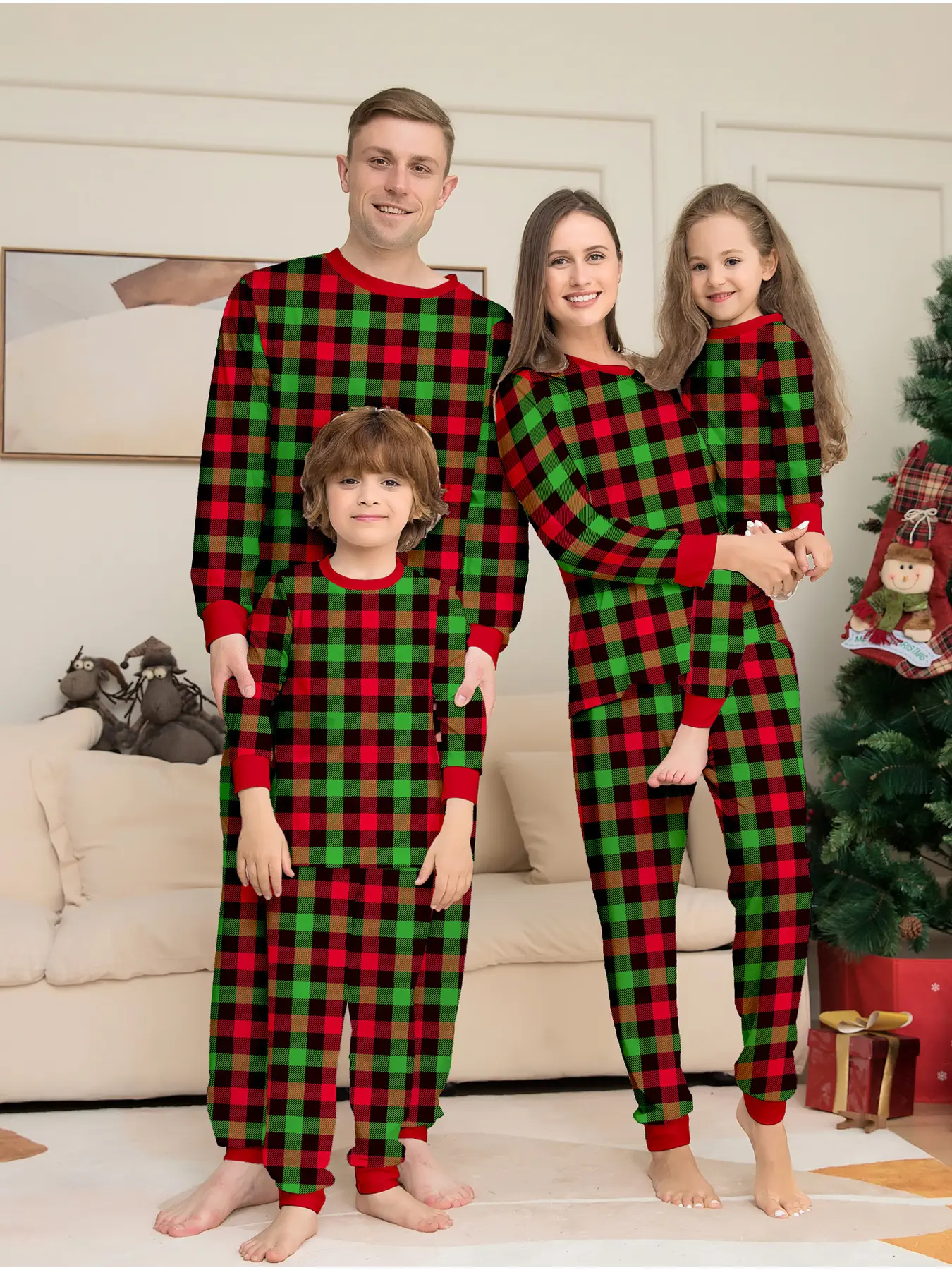 Family Matching Christmas Pajamas Set for 4, Santa & Tree Print Two-piece Loungewear with Red Trim, Soft Breathable Knit, Perfect for Xmas Photos, Party & Daily Sleep