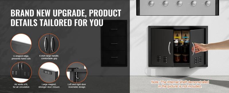 BBQ Access Door, 30W x 21H Inch Double Outdoor Kitchen Door, Cold Plate Flush Mount Door, Wall Vertical Door with Handles and Ventss, for BBQ Island, Grilling Station, Outside Cabinet