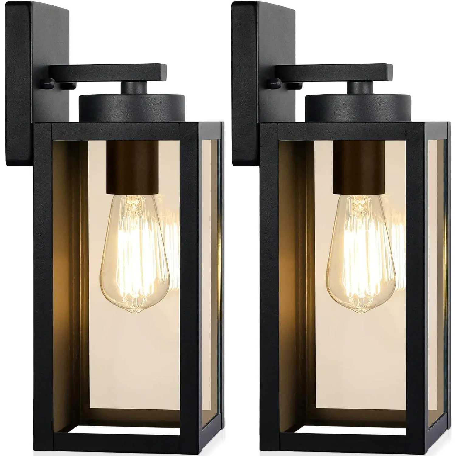 Outdoor Wall Light Fixtures, Exterior Waterproof Wall Lanterns, Porch Sconces Lighting with E26 Sockets & Glass Shades, Modern Matte Black Outside Lights for Patio Front Door Entryway Garage, 2-Pack