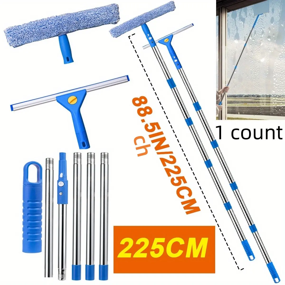 Window Squeegee Cleaning Kit, 2-In-1 Window Cleaner Tool with Extendable Rod, Ideal for Indoor and Outdoor Glass Windows, Shower Doors, Car Windshields