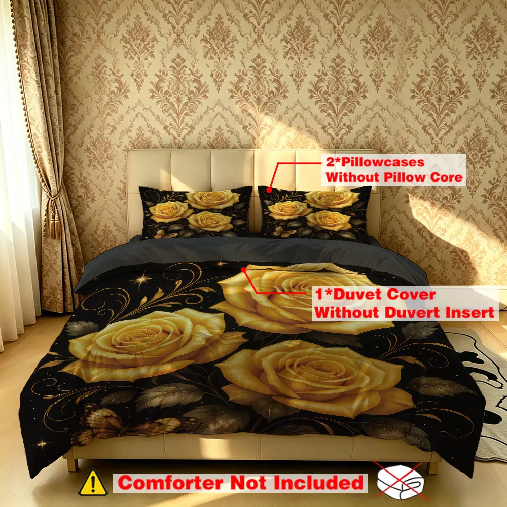 The 3-piece gold rose butterfly pattern bedding set includes one bedspread and two pillowcases, without filling. It's soft and comfortable, suitable for single beds and double beds, and ideal for use in bedrooms, dormitories, and hotels.