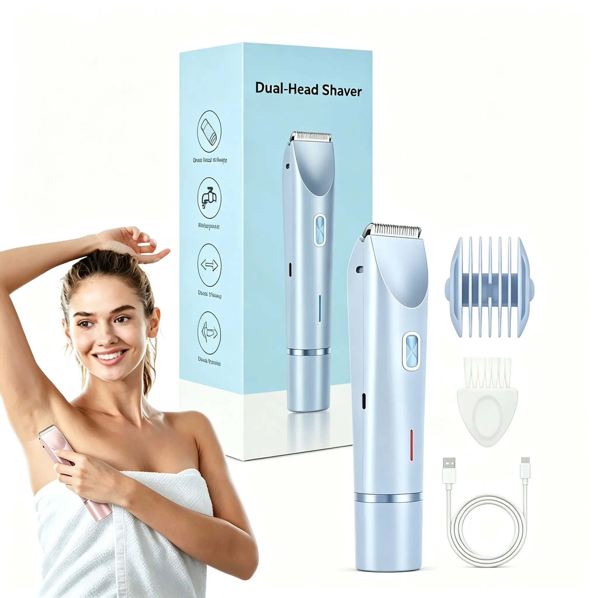 Dual-Head Waterproof Women's Body Hair Trimmer, Type-C Rechargeable Wet/dry Clipper, Gentle Full-Body Grooming, Ideal for Daily Use & Travel