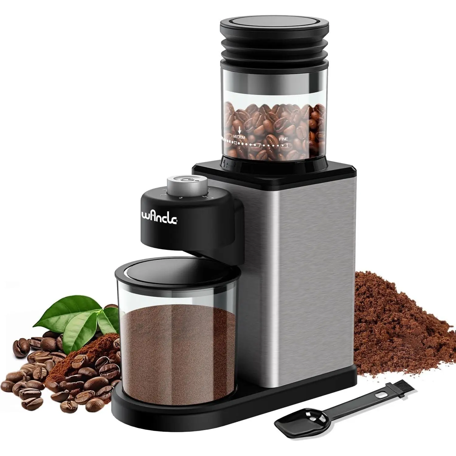 Conical Burr Coffee Grinder, Coffee Bean Grinder with Adjustable Grind Settings for Espresso, Drip & French Press, Low Noise Anti-static with Powder Blower, Stainless Steel Burr