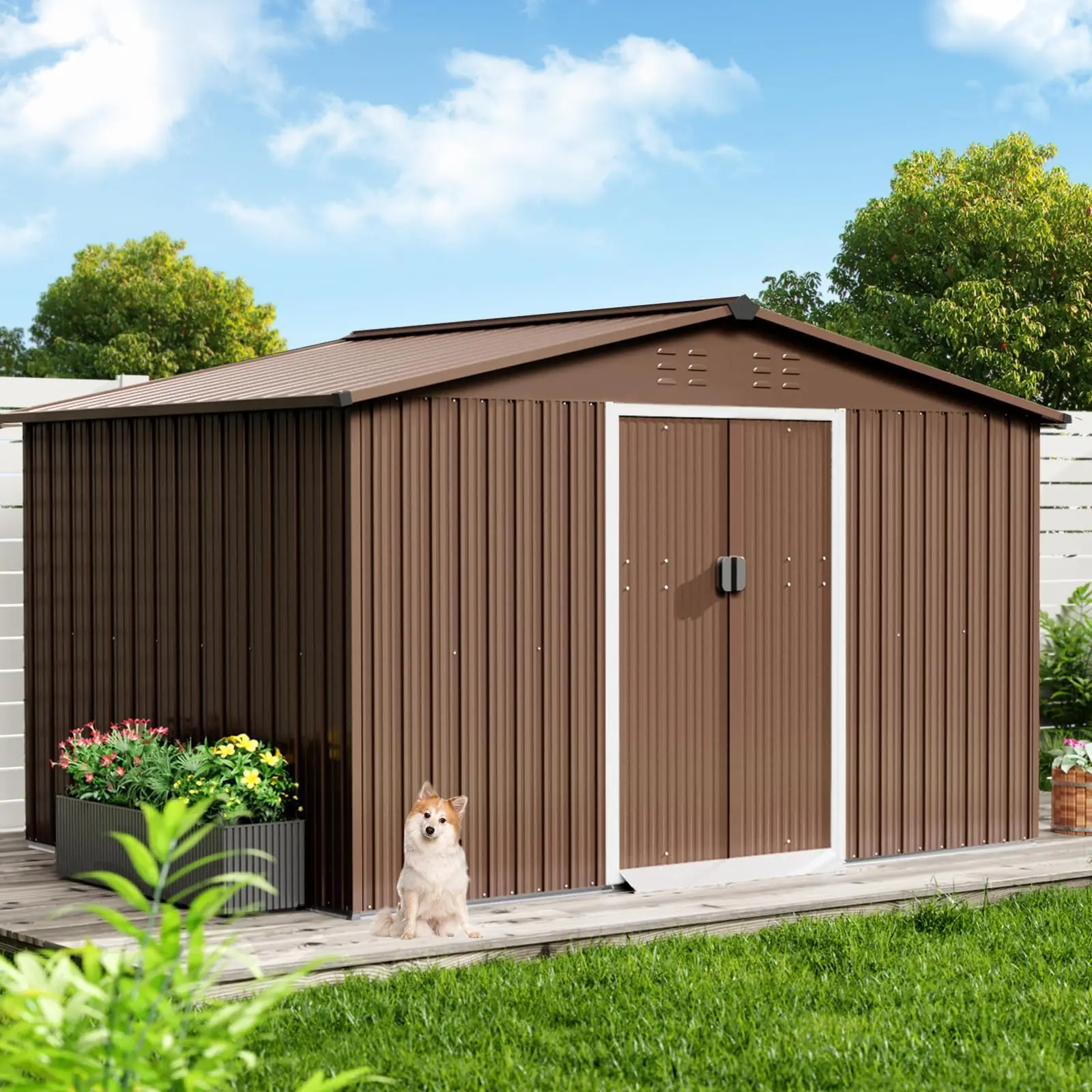 GARVEE Brown 10x12 ft Galvanized Steel Storage Shed with Metal Roofing, Large Outdoor Garden Shed with Lockable Doors & Ventilation, for Lawn Mower, Bicycles, Backyard Storage