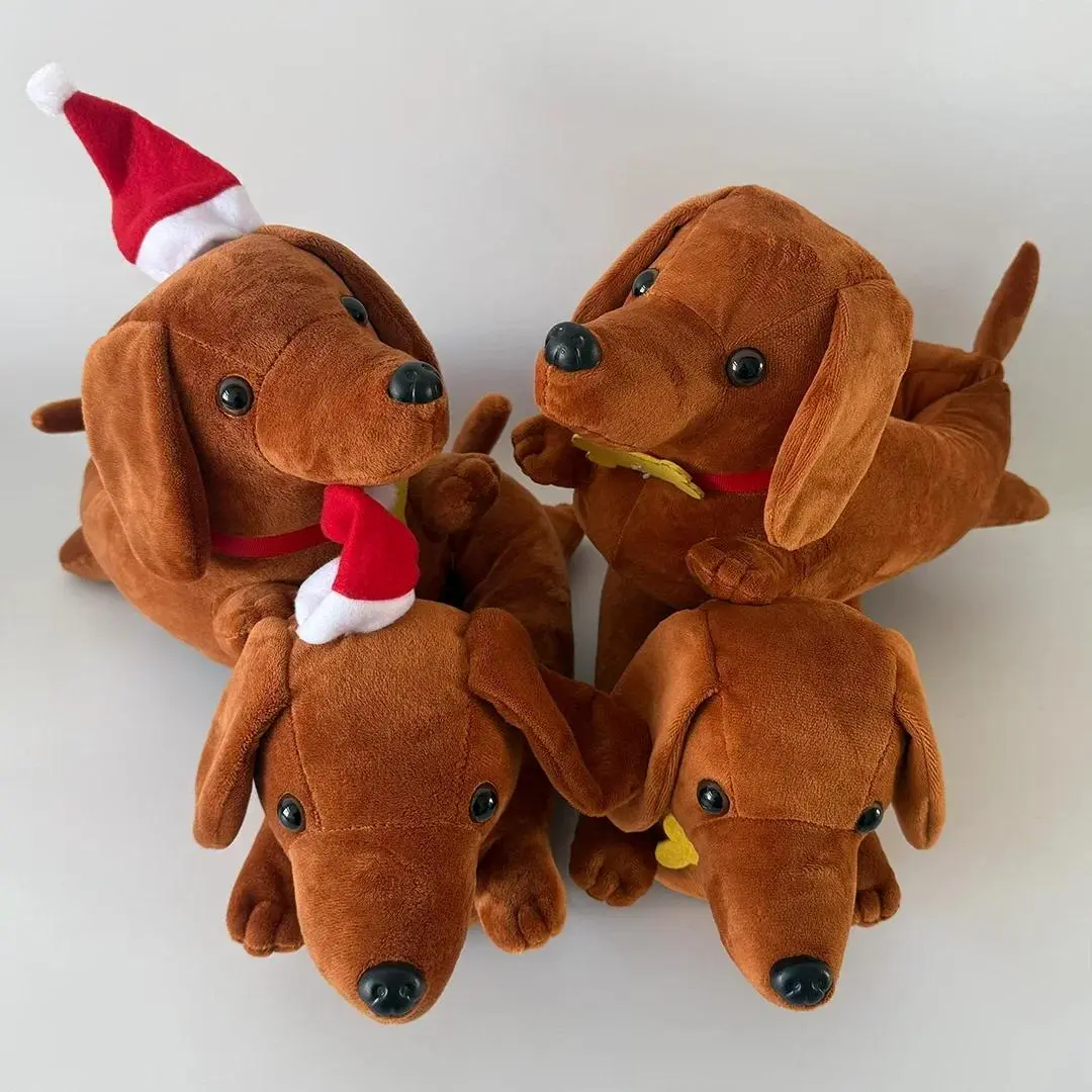Unisex One-Size Winter Cartoon Dachshund Plush Slide Slippers - Cotton-Polyester Non-Slip Footwear, Home Christmas Gift Fashion Accessory, Slip-On Cute Indoor Shoes