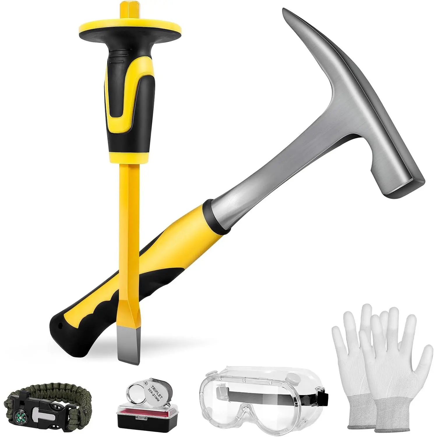 6 count Rock Hammer Geology Starter Kit - 32 oz Masonry Hammers with 12" Mason Chisel  Bracelet Safety Glasses Jewelers Loupe Gloves for Hounding  Mining Prospecting Stone Breaking