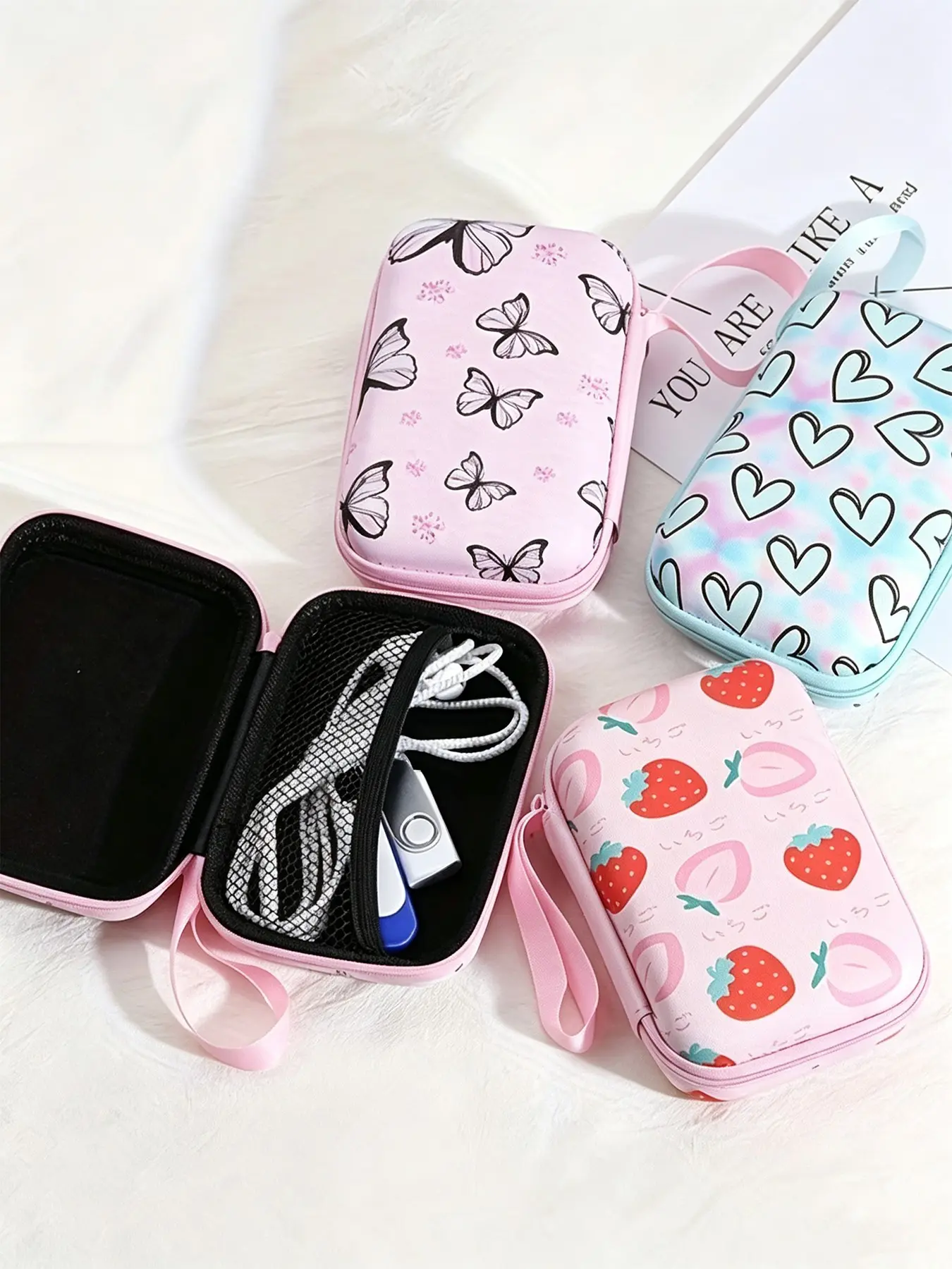 Coquette Aesthetic Kawaii Hard Shell Cable Organizer Case, Portable Travel Charger & Earbud Pouch with Hand Strap, Cute Gift for Teen Girls
