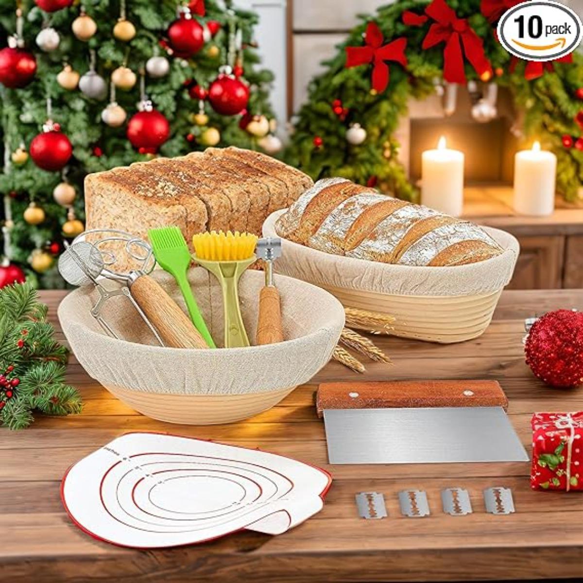 Christmas Gift Banneton Proofing Basket Set, 10 Inch Oval & 9 Inch Round Sourdough Bread Proofing Basket with Sourdough Bread Baking Supplies, Bread Making Kit 8 PCS