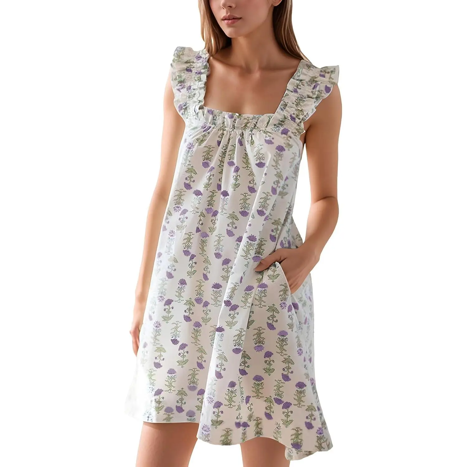Flygo Women's Sleeveless Ruffle Square Neck Cotton Linen Loose Fit Floral Print Nightgown with Pockets - Sleepwear for Women Ideal for Hot Nights