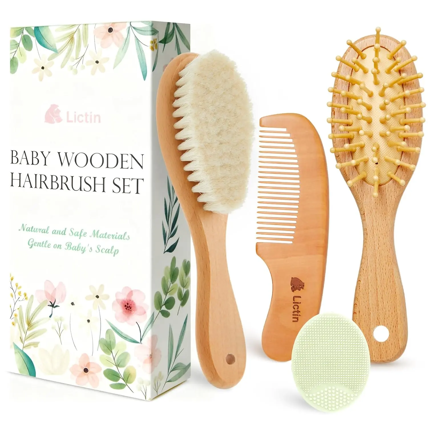 Baby Grooming and Health Kit, Nursery Care Set with Hair Brush, Comb, Nail Clippers (Walnut), Cradle Cap Comb for Newborns & Toddlers, Essentials, Soft Natural