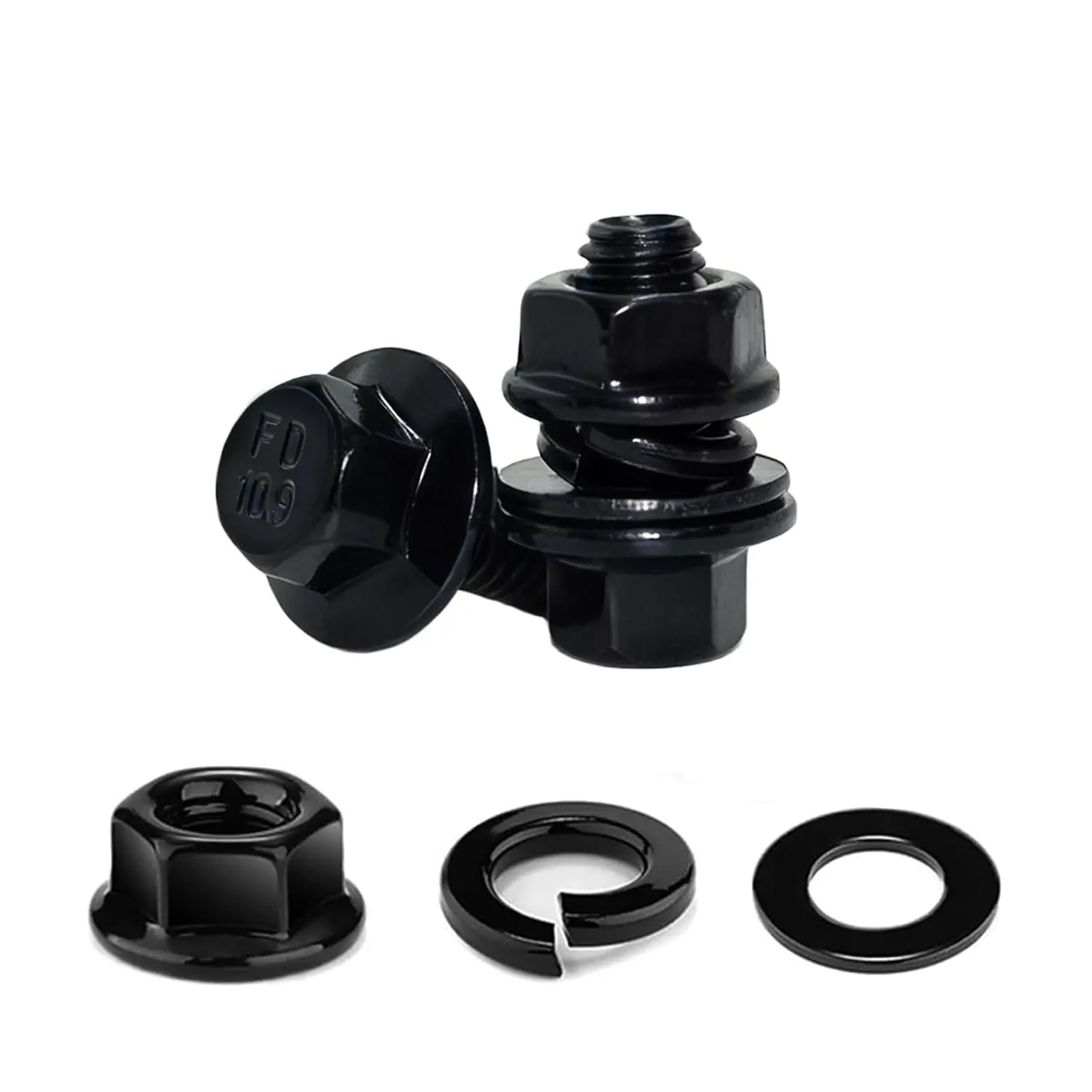 40 count Metric Flange Bolt , M6x12, Hex  with Nuts and Washers Kit, 10.9 Grade, Black Zinc Galvanized, for Automotive
