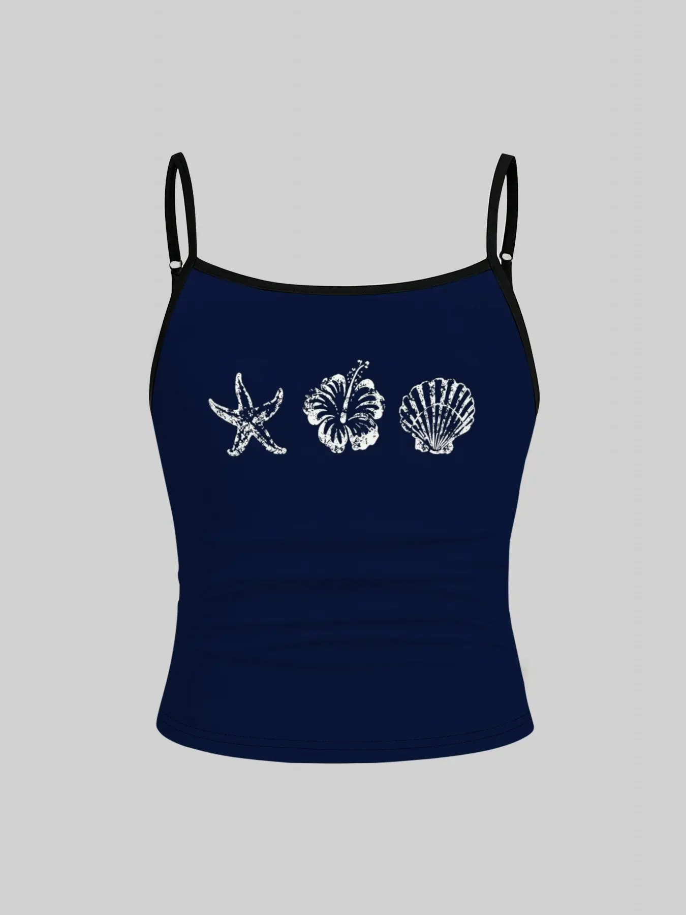 1-piece set Girls' short camisole, Camisole Tops, Summer Tops Trendy, Casual featuring a retro seaside starfish and hibiscus shell print, with black edging and adjustable Spaghetti Strap thin shoulder straps, perfect for girls' tropical summer beach wear