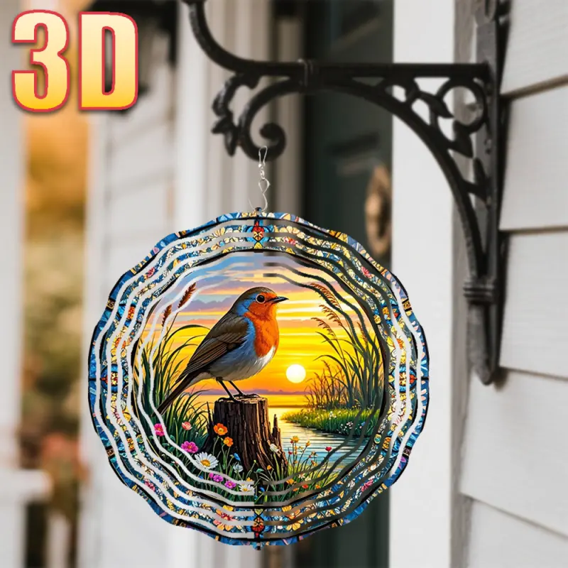 1 piece, bird-perching tree stump at sunset," 25.5cm / 10inch with rotating hook, 360 DIY creative wind-powered set, suitable for all seasons, easy to install, sunset scene spinner, bird on a tree stump, durable outdoor accessory, holiday decoration