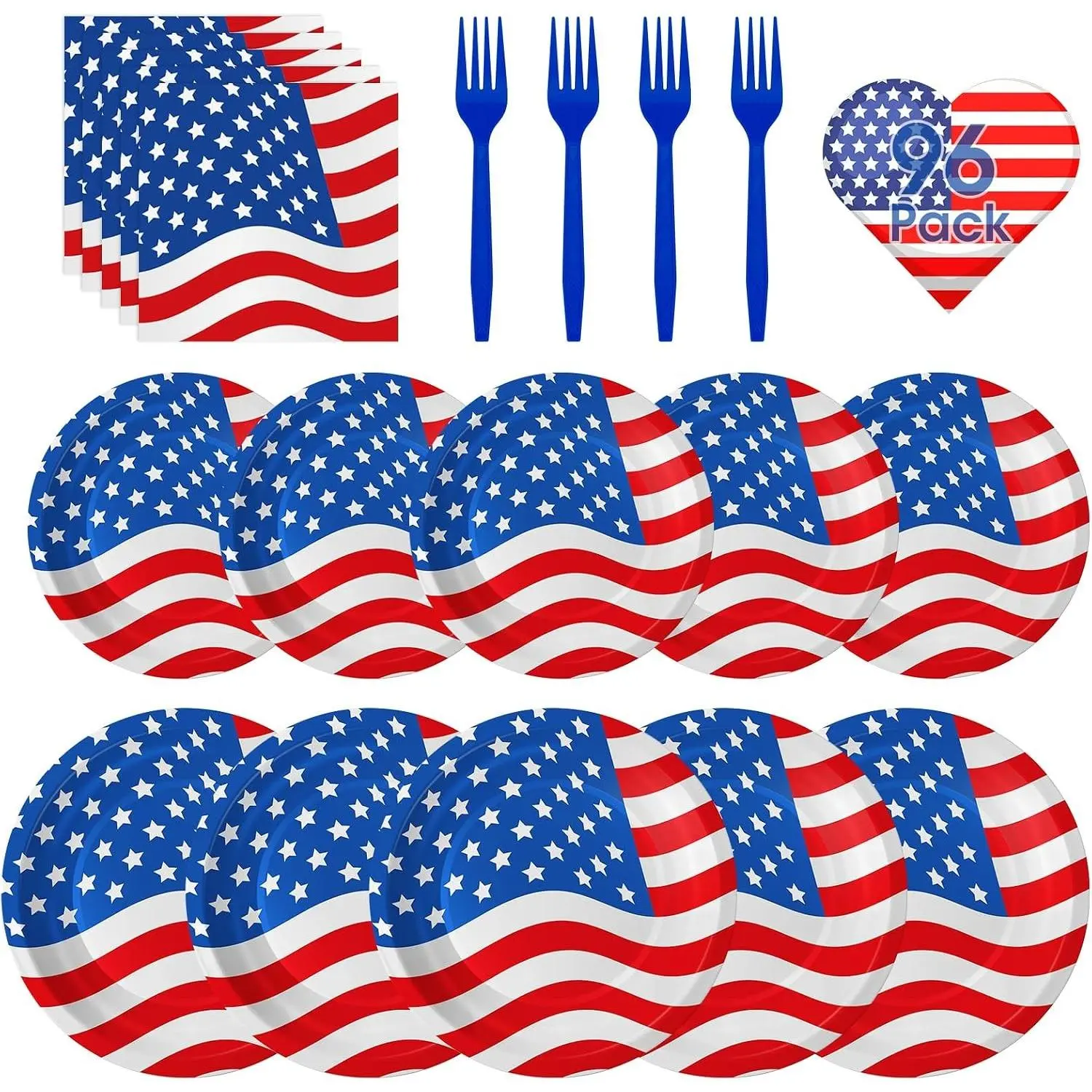 24-Serve Round Plastic Patriotic Party Supplies Kit - American Flag 4th of July Disposable Dinner Dessert Plates, Napkins, Forks Pack for Memorial Day Independence Day Table Decorations Gift