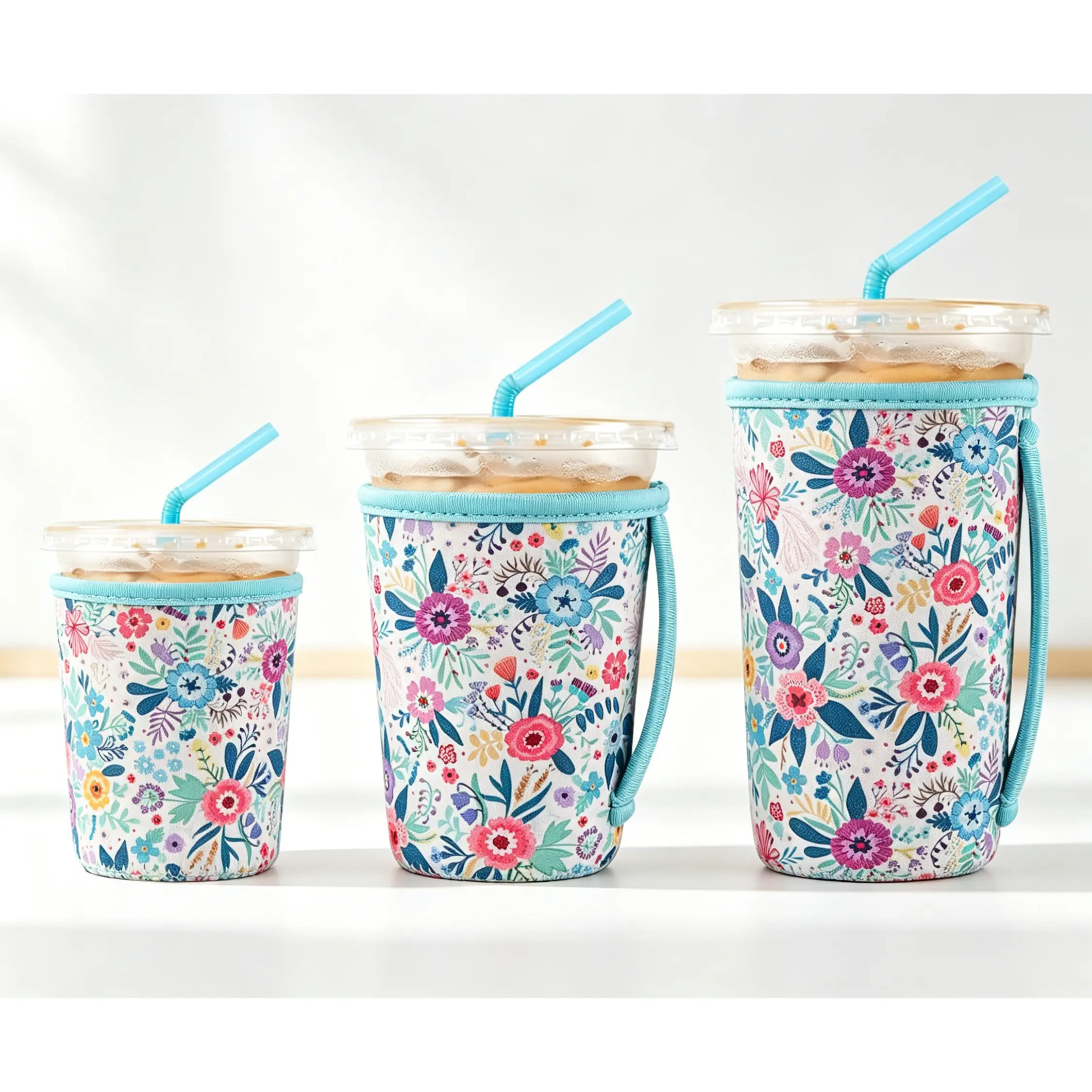 3-Pack White Floral Neoprene Tumbler Sleeves with Handle - Foldable, Sturdy, Reusable, Insulated, Washable, Portable Coffee Drink Cup Covers (3 Sizes for 16-32oz Starbucks Dunkin Cold Cups) - Anti-Condensation Beach Summer Gift Home Organizer