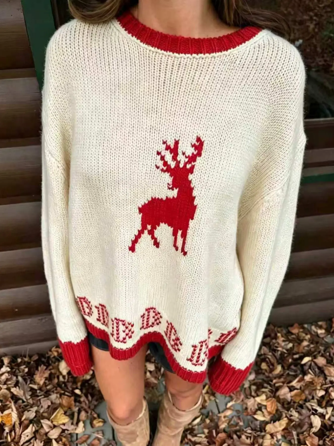 Autumn Winter Retro Deer Pattern Round Neck Sweater for Women, Off- Loose Fit Lazy Drop Shoulder Long Sleeve, Thick Knit Christmas Design Top