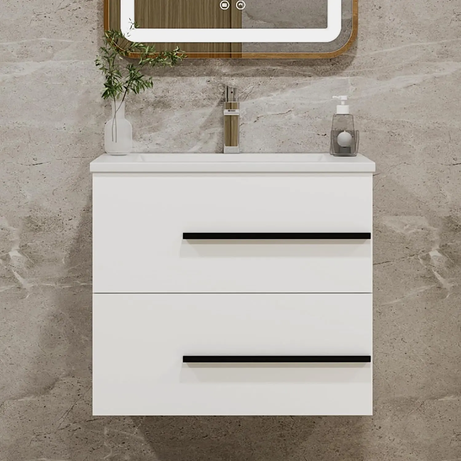 24" Modern Rectangular Wall-Mounted Floating Bathroom Vanity Cabinet - White with Sink, Fluted Drawers, Black Handles, Soft-Close Function, Small Space Luxury Storage, 24" Size Bathroom Furniture with Drawers, Cabinet Bathroom Furniture