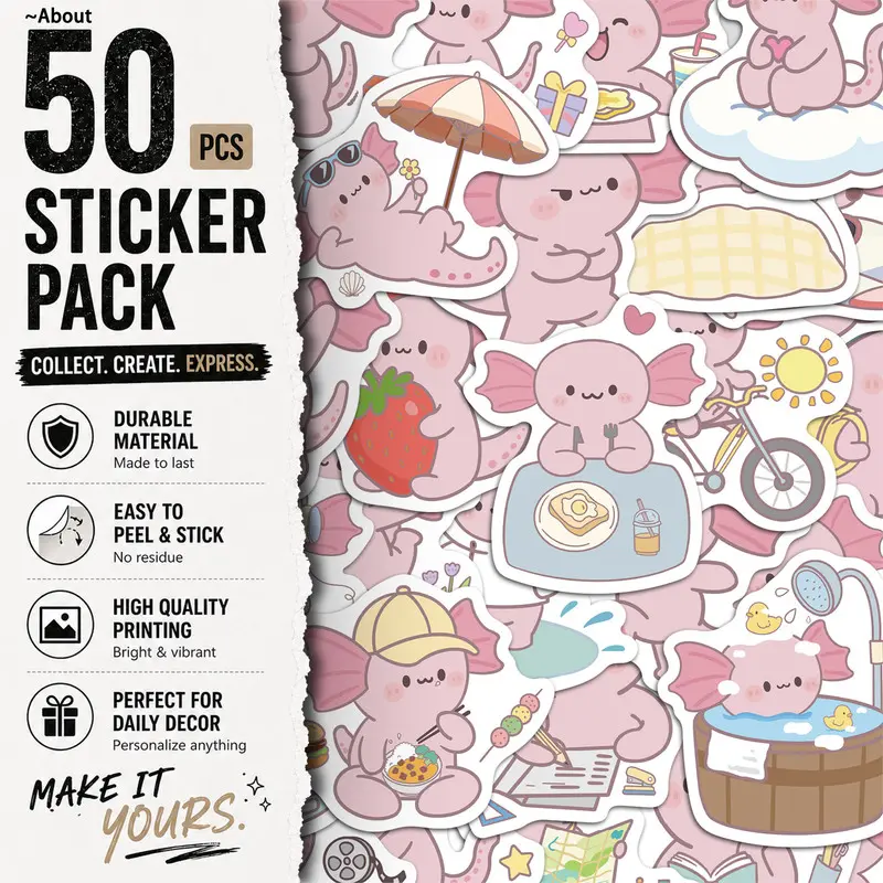 50PCS Cartoon fan-art axolotl Aesthetic Vinyl Stickers Pack for Laptop Water Bottle Phone Case Skateboard Journal Scrapbook DIY Decoration