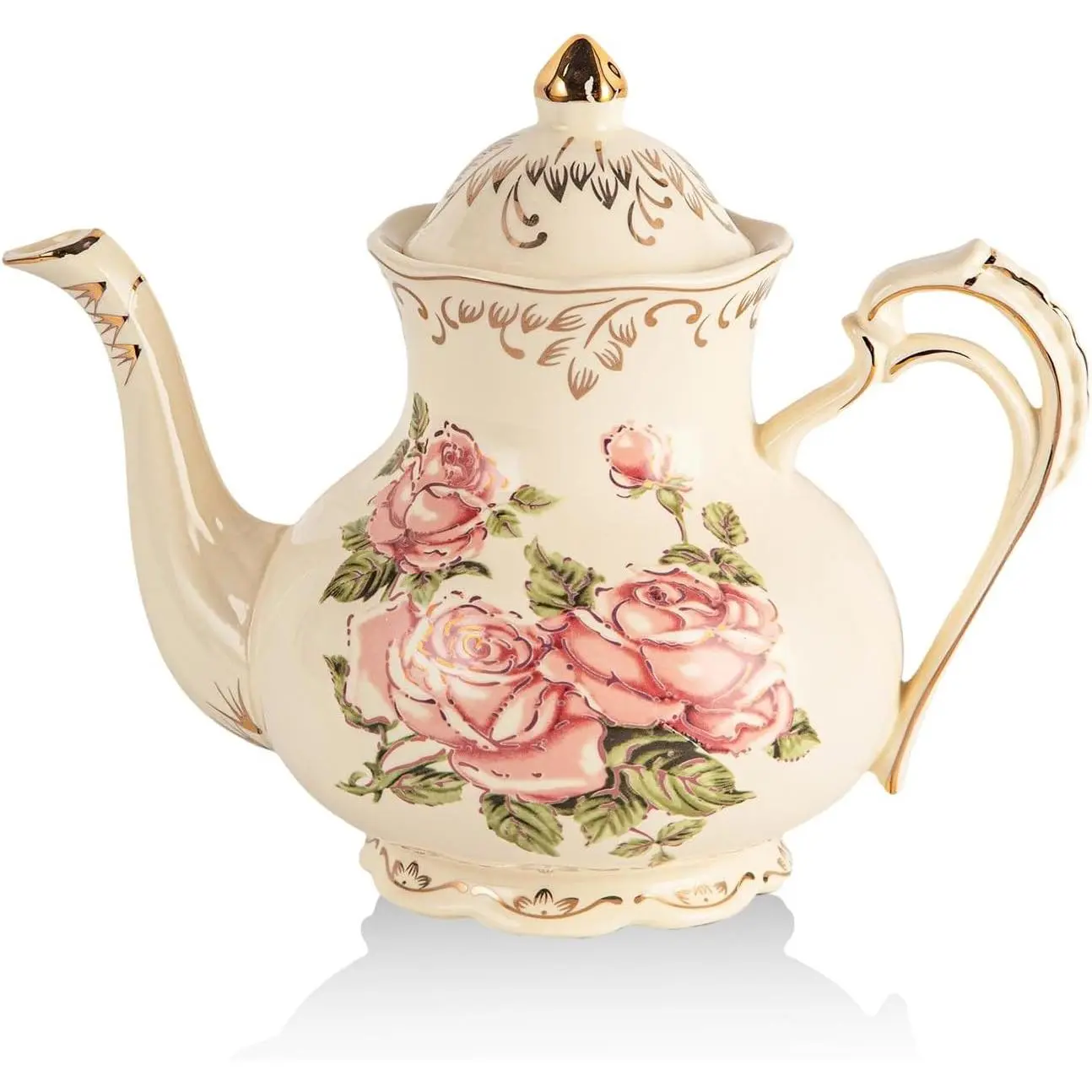 Pink Rose Teapot with Infuser, 35 OZ / 4 Cup Tea Pot | Vintage Ivory Porcelain Tea Pot for Loose Leaf Tea, Floral Teapot with Gold Leaves Trim Design, Gifts for Women