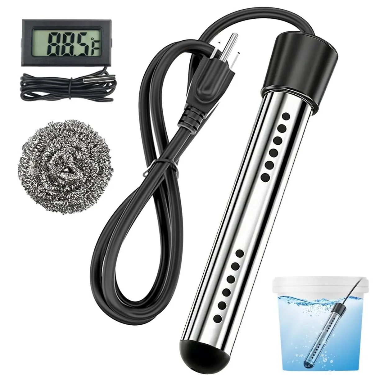 2000W Immersion Water Heater, Portable Electric Water Heater with 304 Stainless Steel & LCD Thermometer – Rapidly Heat 5 Gallons of Water in Minutes for Buckets, Bathtubs & Small Pools