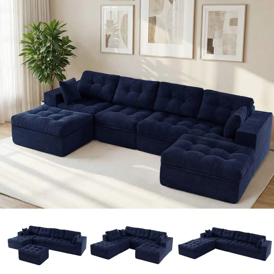 L-Shaped Modular Sofa With Convertible Left/Right Ottoman,Cloud-Textured Tufted Cushions,Four Combinations,Sofa In A Box,No Assembly Required